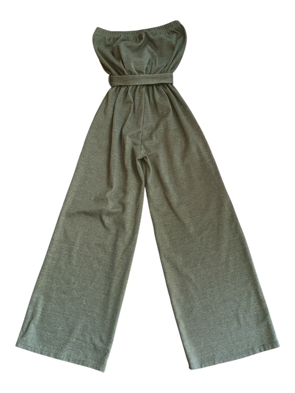 Obsessive Love Jersey Strapless Jumpsuit Wide Leg Tie Belt Khaki Green Sz Small - Picture 3 of 8